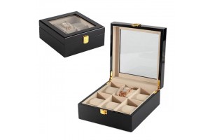 Lakkozott fekete fa óratartó doboz, 6 órához, plüss belső