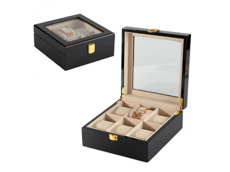 Lakkozott fekete fa óratartó doboz, 6 órához, plüss belső