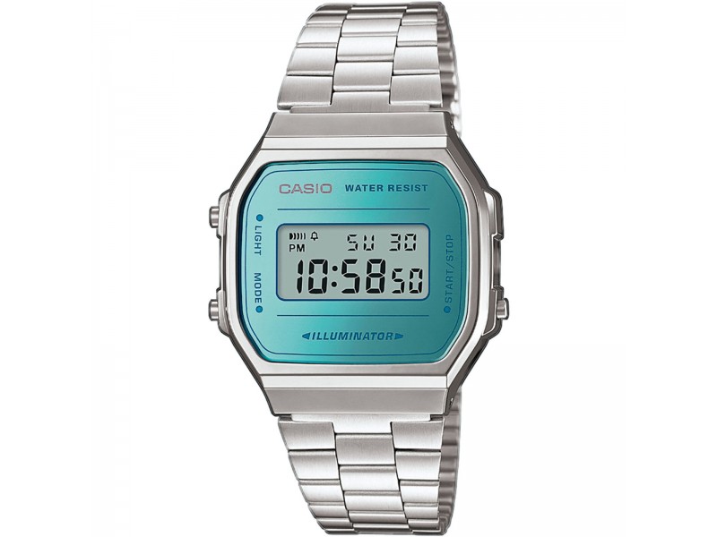 Casio A168WEM-2EF vintage női ezüst digitális óra, zöld kijelző