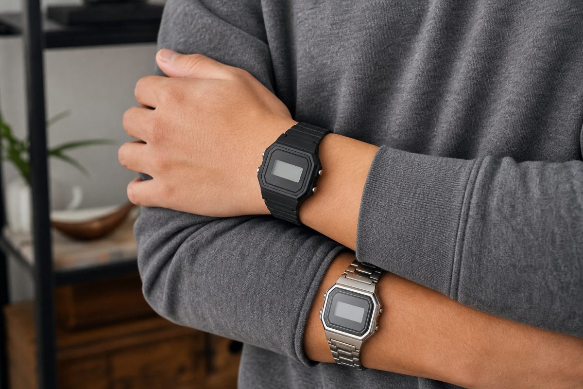 Fekete és fémes casio digitális óra stílus összehasonlítása