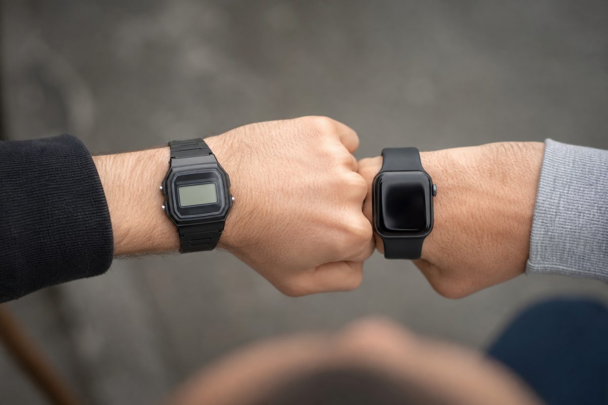 Digitális Casio jellegű óra és okosóra két csuklón összehasonlítva