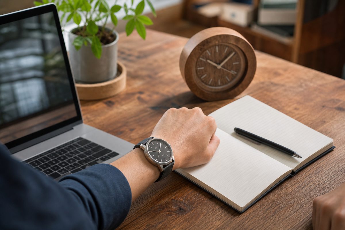 Natúr asztali óra rendezett otthoni dolgozóasztalon