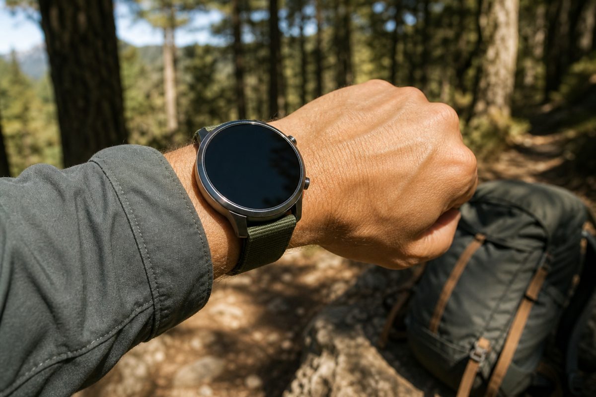 Garmin solar jellegű okosóra napfényben túrázás közben