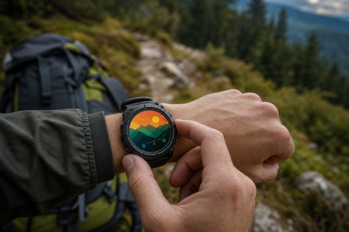 Garmin színes kijelző túrázás közben egy csuklón viselt okosórán