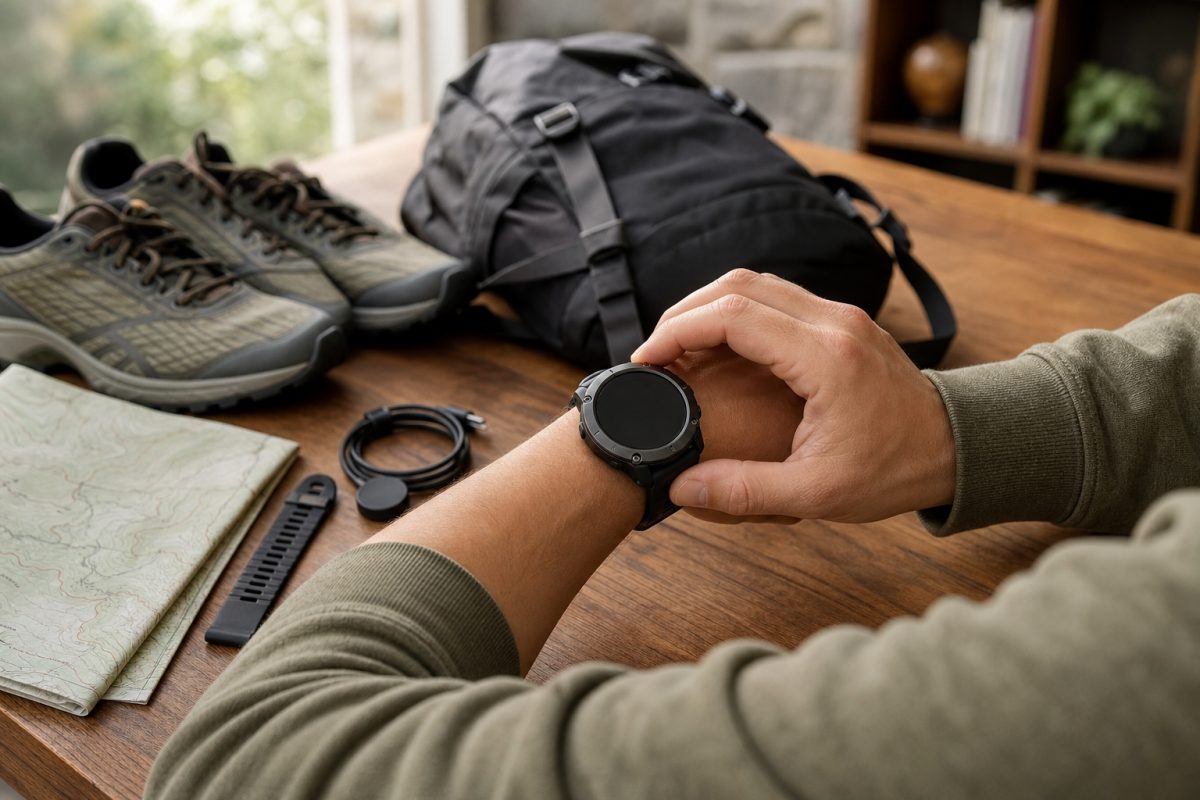 Garmin töltőkábel, tartalék szíj és túrafelszerelés indulás előtt