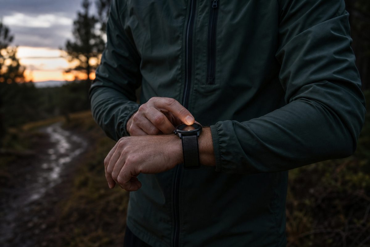 Sötét prémium okosóra nylon szíjjal futó csuklóján erdei ösvényen