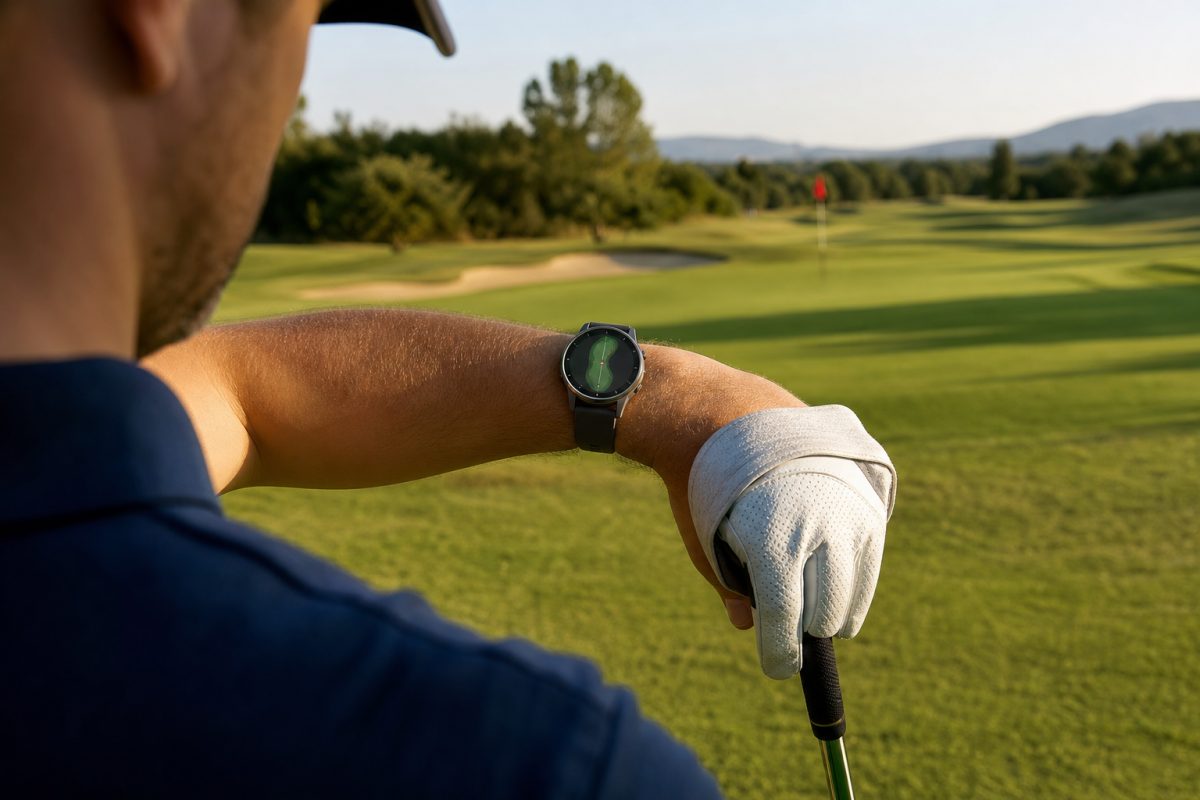Golfóra használata ütés előtt kesztyűs kézen