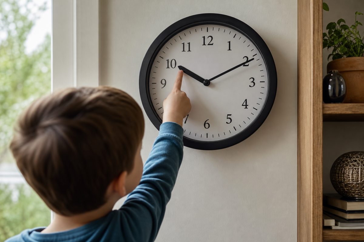 Gyerek analóg tanulóórán gyakorolja a mutatók leolvasását