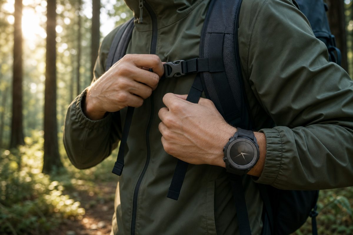 Nagy méretű Garmin Instinct 3 jellegű óra túrázás előtt csuklón