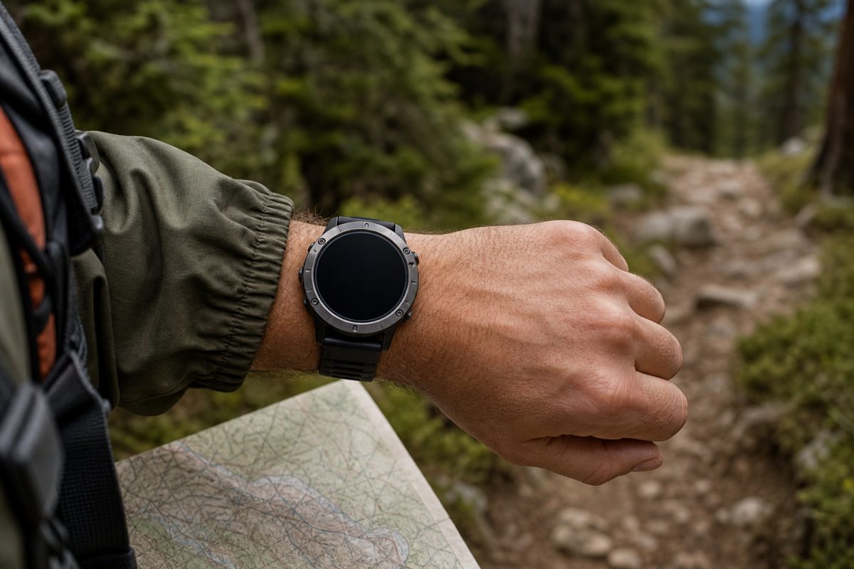 Outdoor Garmin jellegű okosóra túrázó csuklóján erdei ösvényen