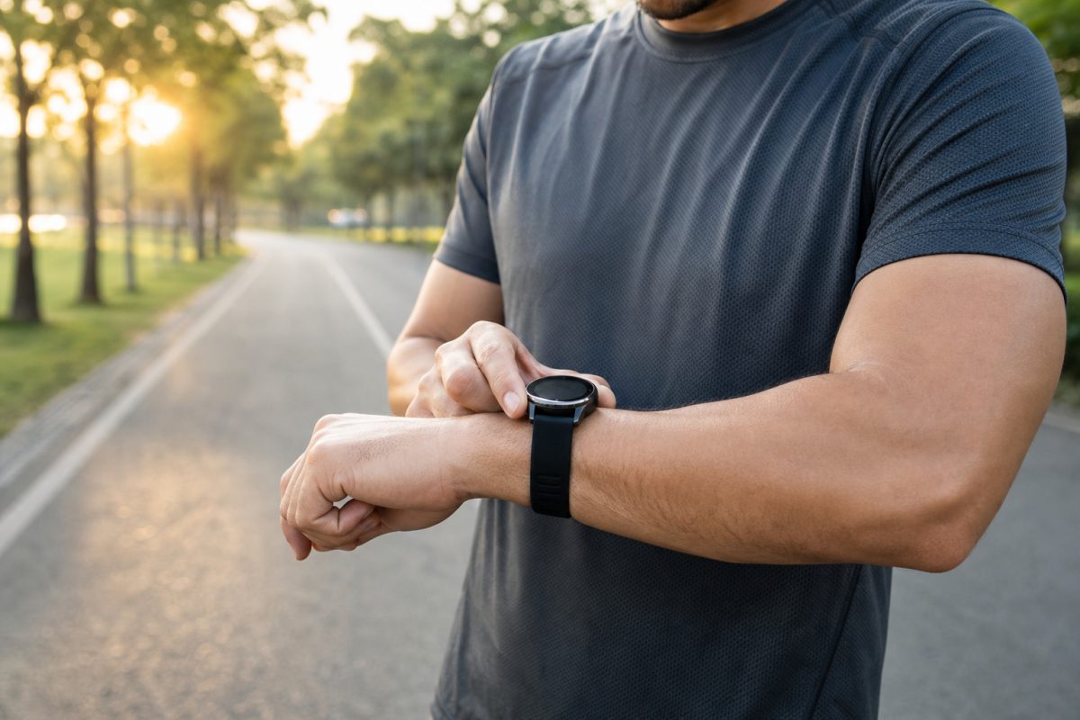 Futó okosórát ellenőriz GPS-es edzés előtt