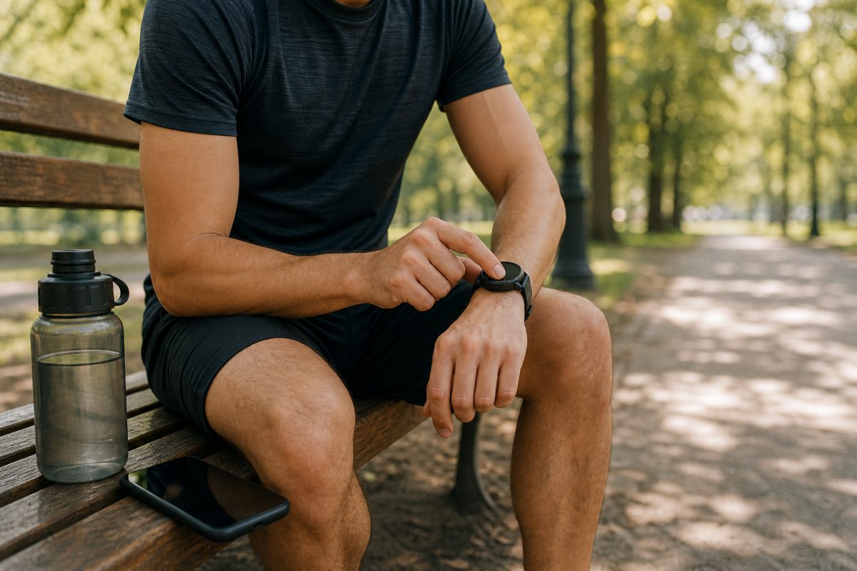 Sportoló okosórát ellenőriz telefonos szinkronizálás után