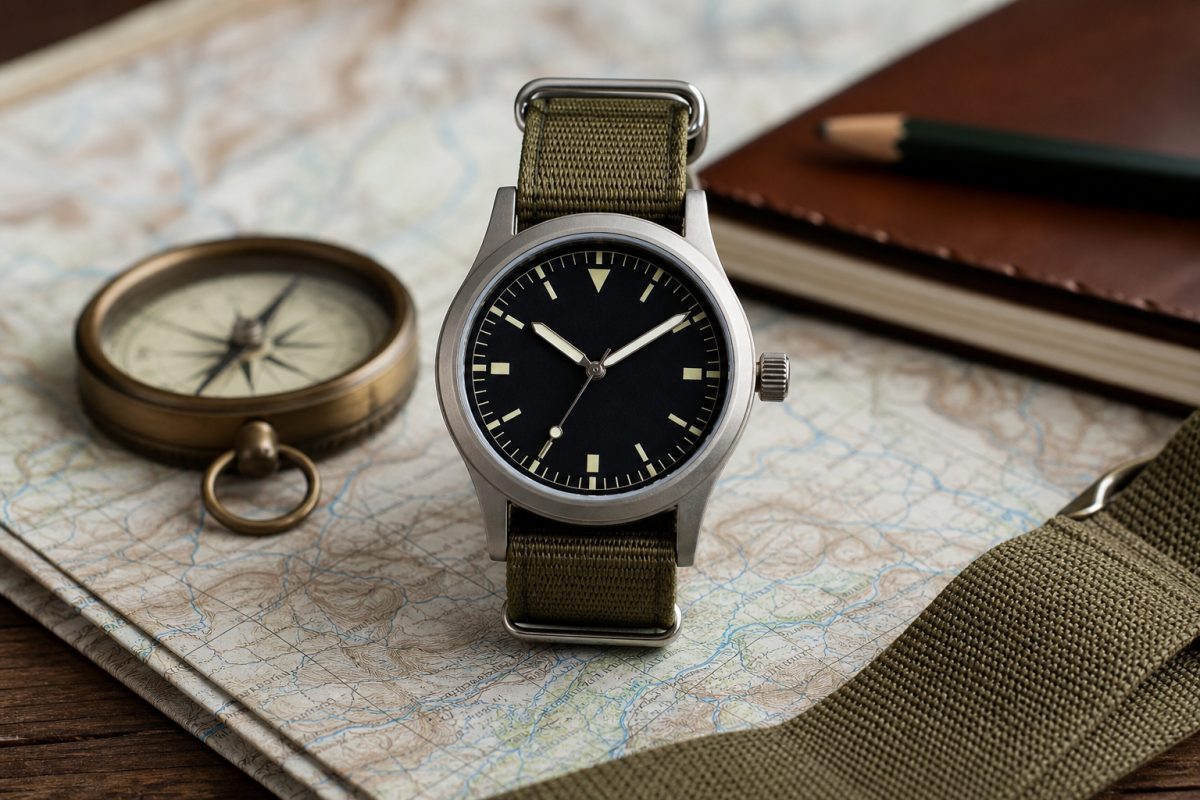 Field watch jellegű terepóra térképen és iránytű mellett